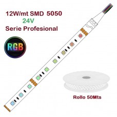 Tira LED Flexible 24V 12W/mt 60 Led/mt SMD 5050 IP20 RGB Serie Profesional, Rollo 50 mts